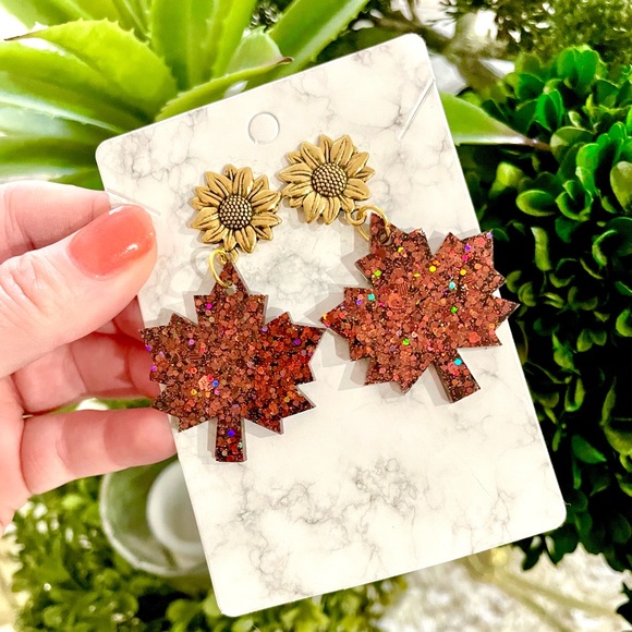 Acrylic Autumn Leaf Floral Earrings - Picture 6 of 6